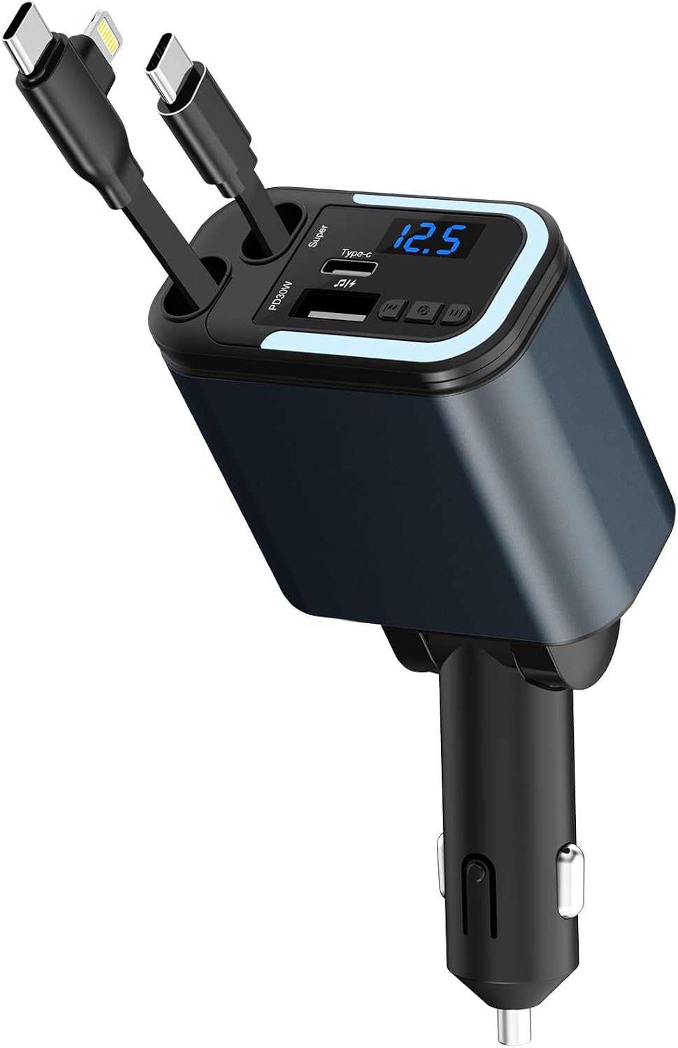 5-in-1 120W 30-Minutes Fast Flash Charging Retractable Car Charger, Wireless Bluetooth FM Transmitter, Type-C+USB-A