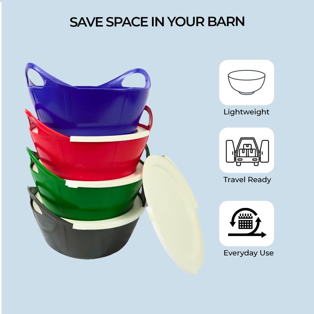 Flexi Bowl with Lid, 10L Horse Feed Bucket, Stackable Feed Storage Container, Flexible BPA Free Feed Tub for Grain