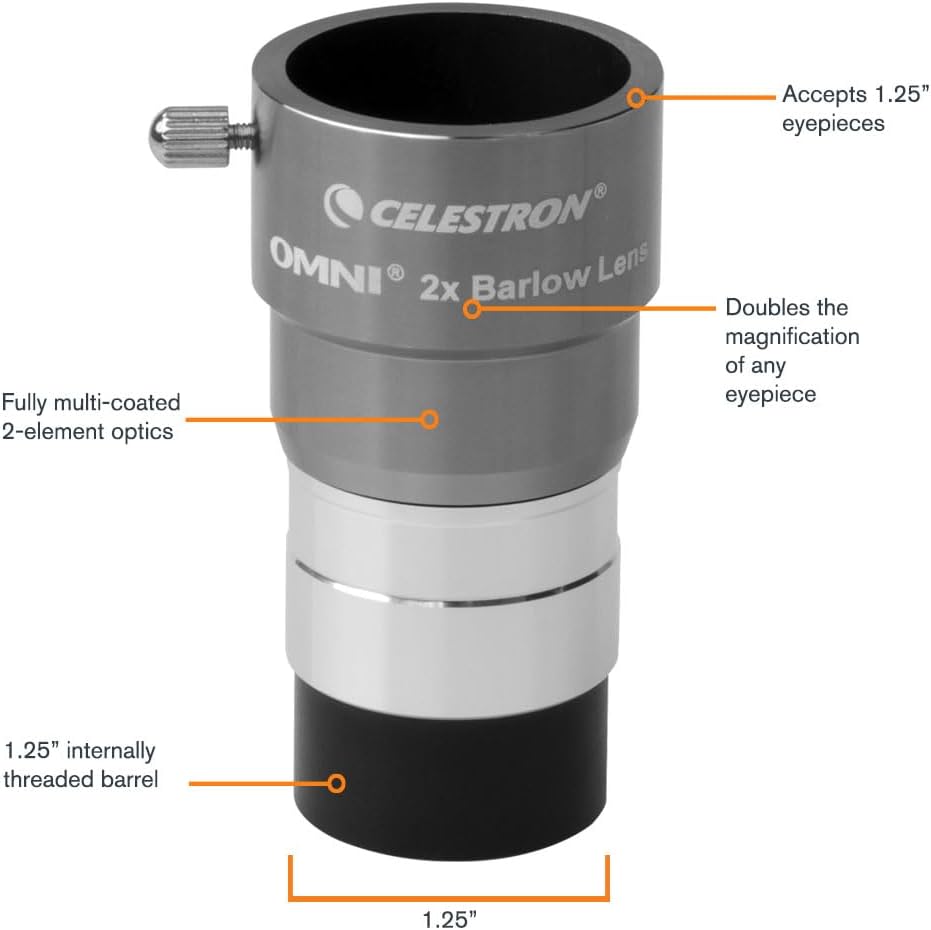 Omni 1.25" 2X Barlow Lens for Telescope Eyepieces Threaded Barrel | Doubles Eyepiece Magnification, Fully