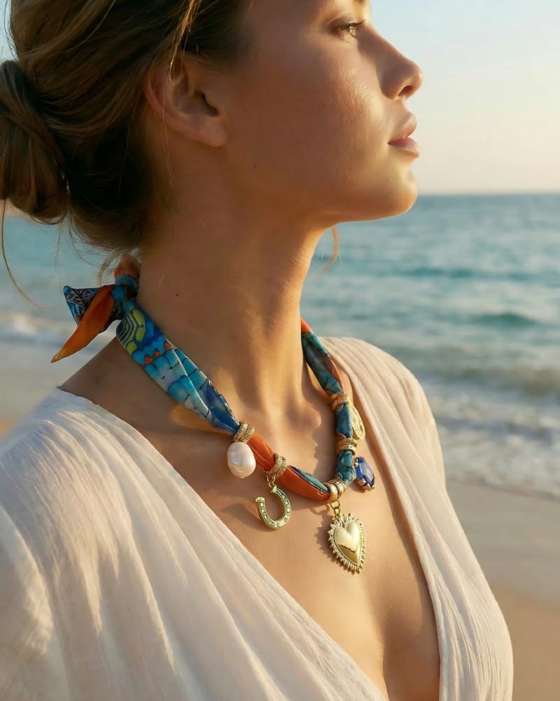Boho Scarf Necklace With Multi Conch Shell Heart Horseshoe Fish Charms Large Sun Pendant Necklace Adjustable Bandana