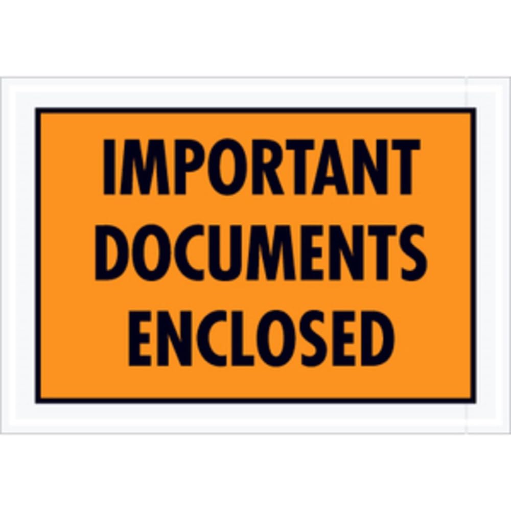 Orange Adhesive Side Loading Document Envelopes "Important Documents Enclosed", 5 1/4" x 7 1/2" for Attaching