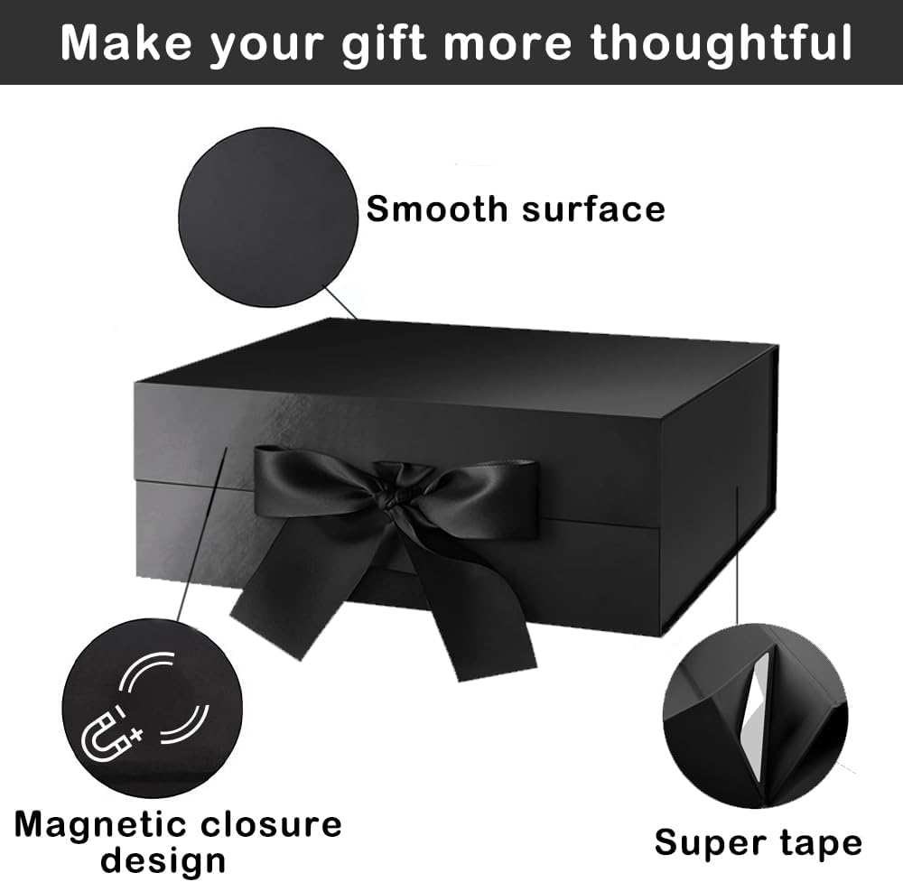 Black Gift Box with Ribbon 10.2x9x3.74 in, Foldable Magnetic Gift Boxes for Wrapping Gifts, Bridesmaid Groomsman