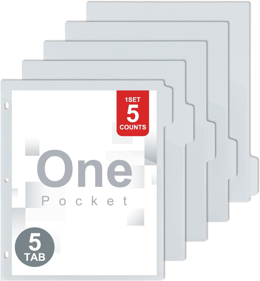 5 Tab Dividers for 3 Ring Binder with One Clear Front Pocket Grey | 9.3 x11.2 inch, Plastic Binder Dividers