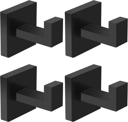 4-Pack Towel Hooks Hand Towel Holder Bathroom Robe Hanger Coat Hook | Matte Black Square Bath Towel Hook Wall Mount