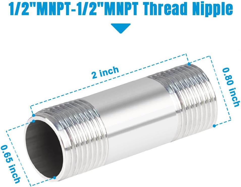Quickun 304 Stainless Steel Nipple Pipe Fitting, 1/2" NPT x 1/2" NPT Male Malleable Nipple Cast Pipe 2" Length