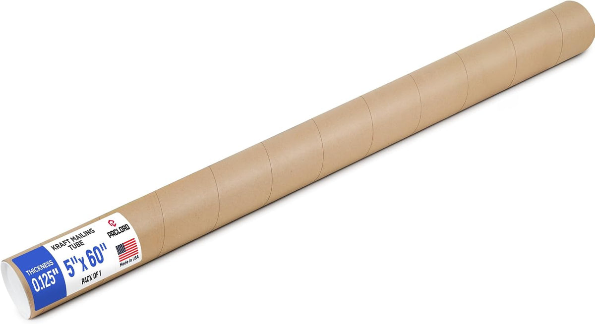 5" x 60" Made in USA Kraft Paper Mailing Tube, 1 Tube, 2 Caps