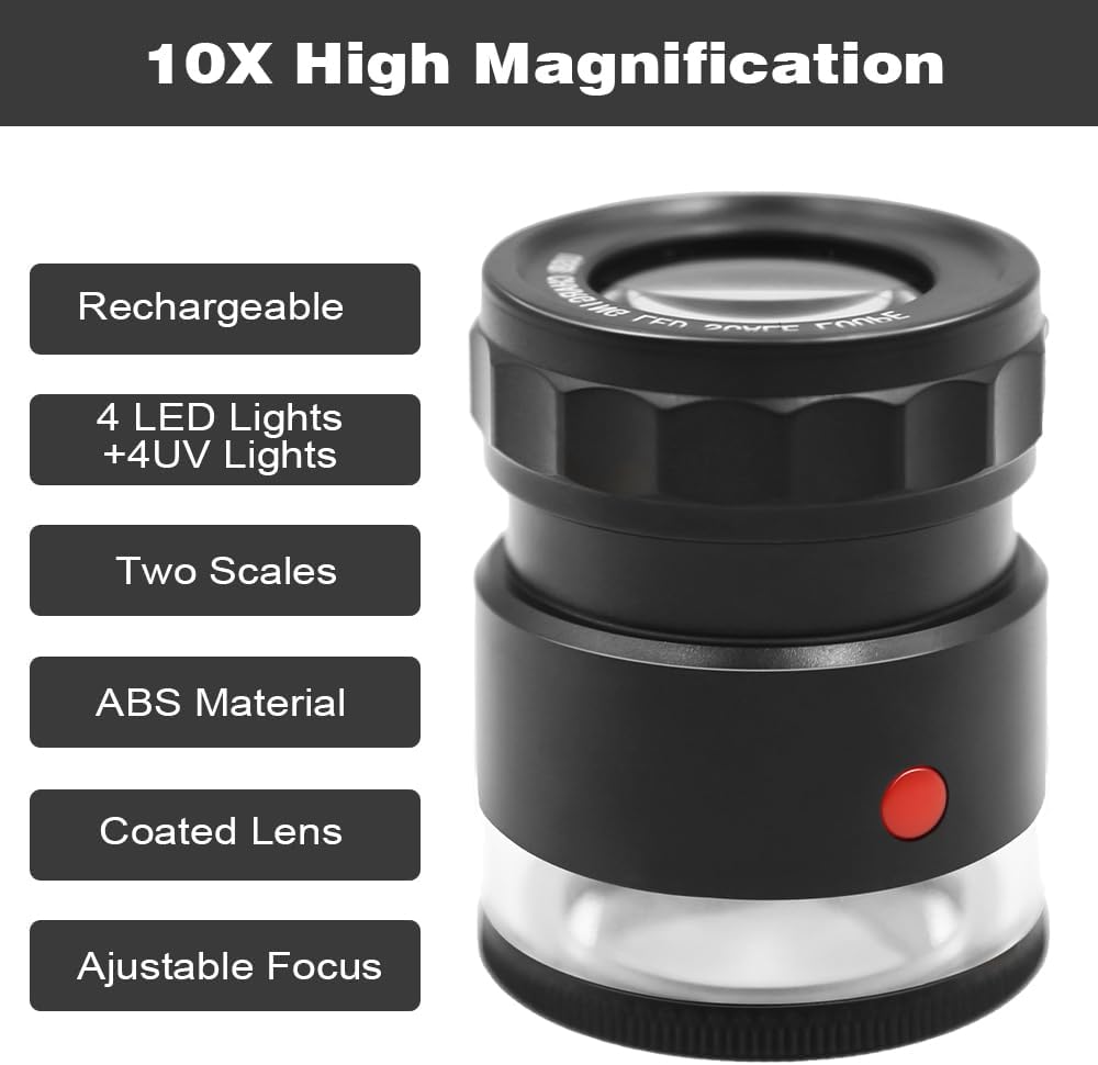 10x Loupe Magnifier Rechargeable Jewelers Loupe with UV and LED Lights, Illuminated Eye Loop Adjustable Focus Jewelry