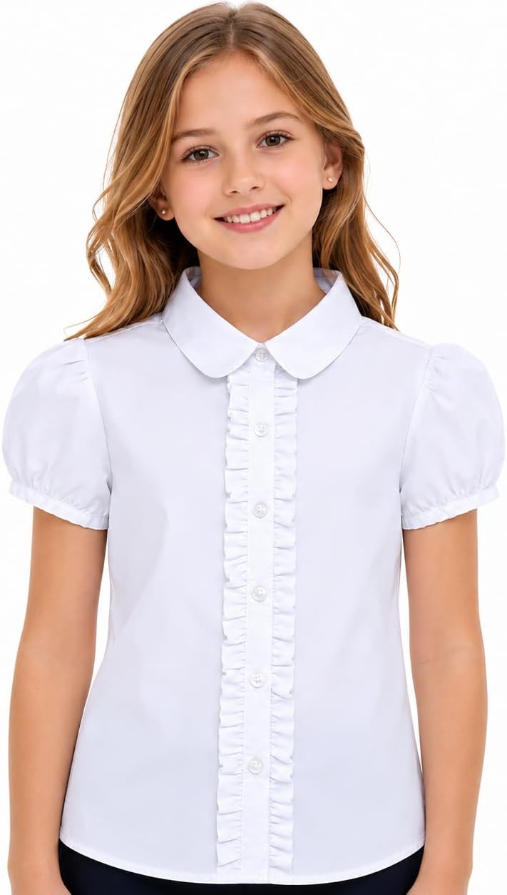 Girls School Uniform Blouse: Ruffle Front Puff Short Sleeve | Cotton Fabric, Button Closure, Solid White, Ages 6-13