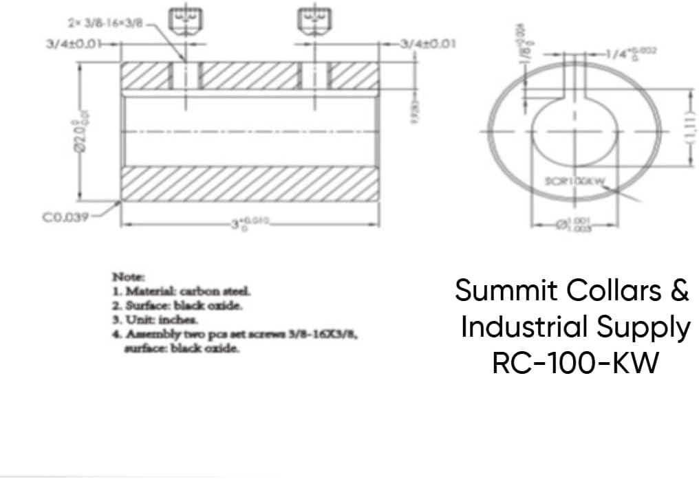 Summit Collars SCR-100-KW/1PK Solid Rigid Coupling – 1" ID, 2" Wide, 3" Long, Black Oxide with Keyway – Heavy-Duty RC-100-KW Precision Shaft Coupler for Industrial & Mechanical Applications