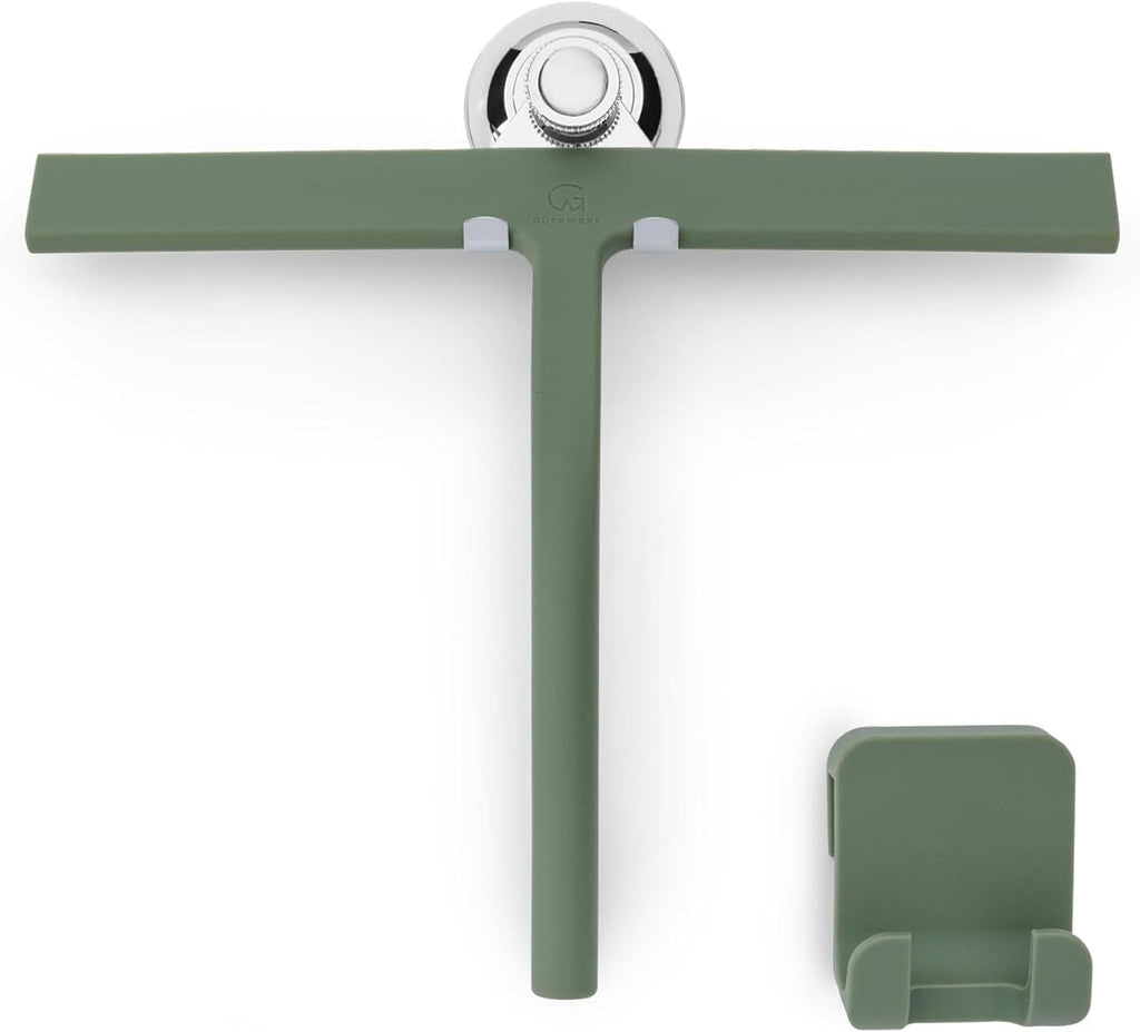 Silicone Shower Squeegee with 3-in-1 No-Drill Mount, Green, 11''
