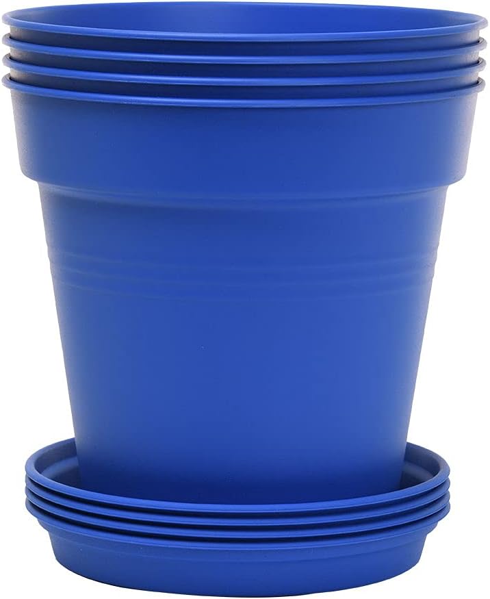 Mintra Garden Pots, 4 Pack Bulk Plastic Plant Pots with Drainage Tray, Round Indoor & Outdoor Decorative Planters