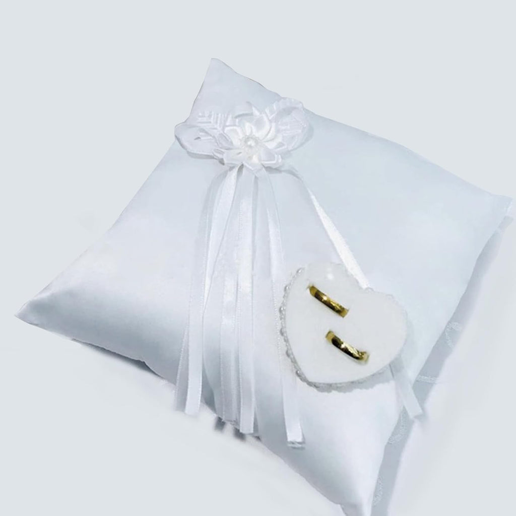 Wedding Ring Bearer Pillow, Ring Cushion White Lace Floral Bow and Heart Ring Holder Box for Wedding Ceremony 7.8 x