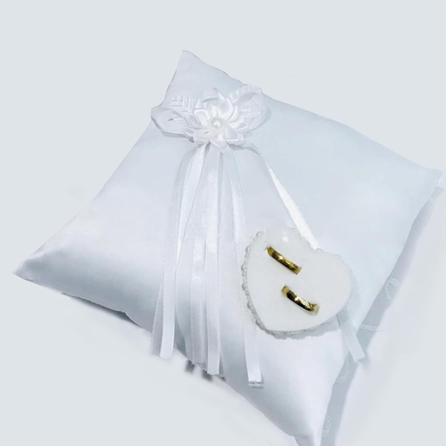 Wedding Ring Bearer Pillow, Ring Cushion White Lace Floral Bow and Heart Ring Holder Box for Wedding Ceremony 7.8 x