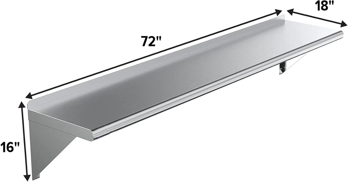 72"x18" Stainless Steel Wall Shelf with Brackets, NSF
