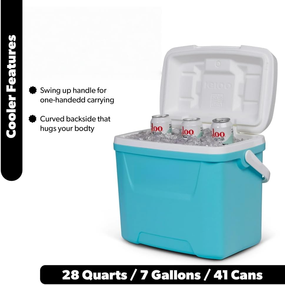 28 QT Hard-Sided Ice Chest Cooler, Aqua Blue & White Insulated Foam Cooler Box, 42 Cans Large Capacity with Swing-Up