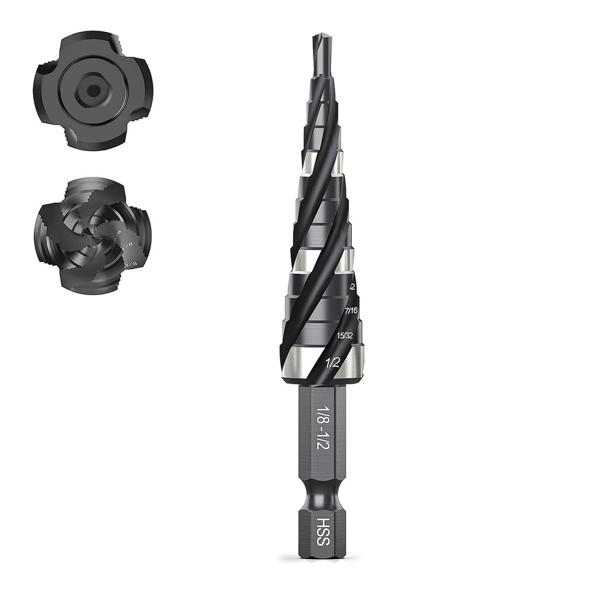 THINKWORK Four Spiral Flute Step Drill Bit, HSS Step Drill Bits 1/8"-1/2"(13 Step) Unibit Step Drill Bit, 1/4" Shank Step Bits for Aluminum, Wood, Plastic, Metal