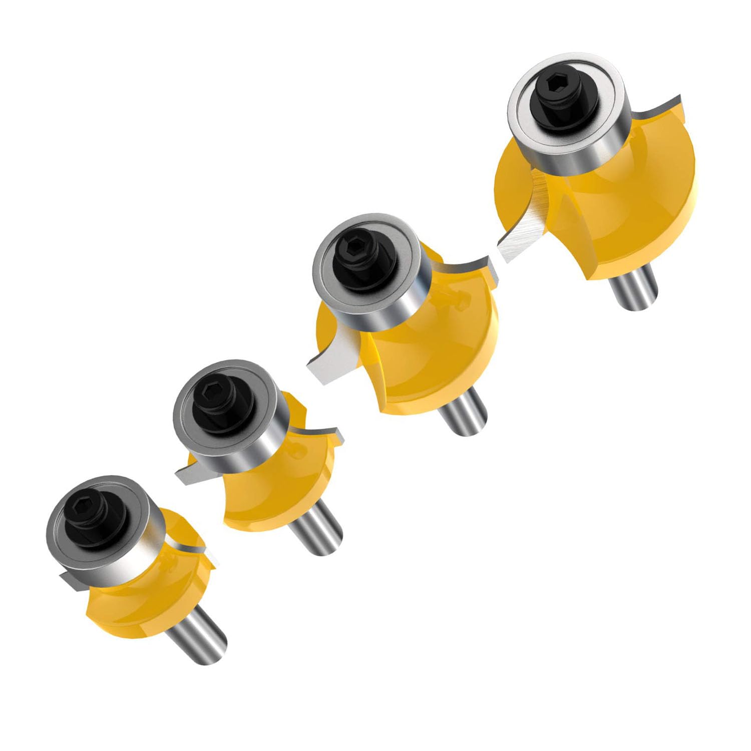 Roundover Router Bit Set，4pcs Router bit Set，1/4 inch Shank，Radius in 1/8", 1/4", 3/16", 5/16"，Bearing Guide for