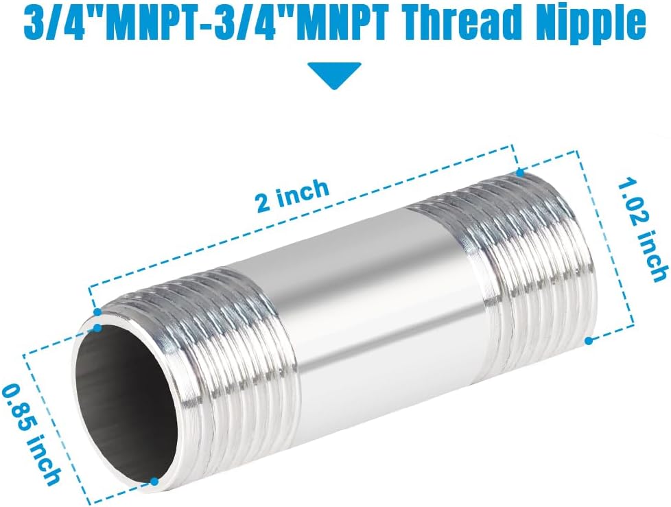 Quickun 304 Stainless Steel Nipple Pipe Fitting, 3/4" NPT x 3/4" NPT Male Malleable Nipple Cast Pipe 2" Length