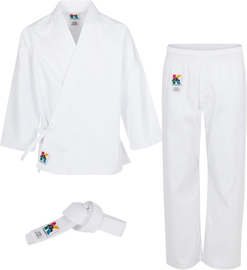 White Karate Gi Uniform Set with Belt, Ages 3–12 | Complete set: top, pants, white belt. 55% cotton/45% poly. Machine