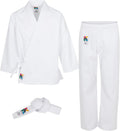 White Karate Gi Uniform Set with Belt, Ages 3–12 | Complete set: top, pants, white belt. 55% cotton/45% poly. Machine