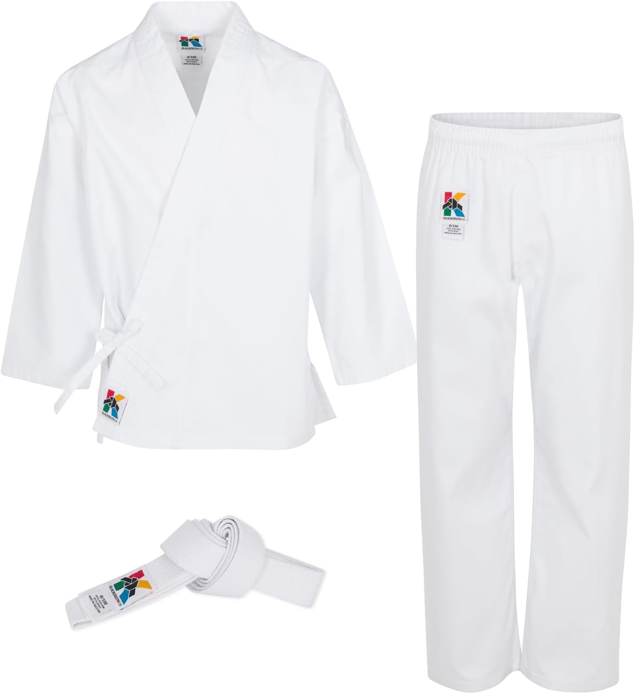 White Karate Gi Uniform Set with Belt, Ages 3–12 | Complete set: top, pants, white belt. 55% cotton/45% poly. Machine