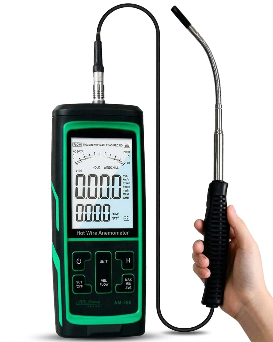 Hot Wire Anemometer AM-286, CFM/CMM HVAC Airflow Meter, 2m Telescopic Probe