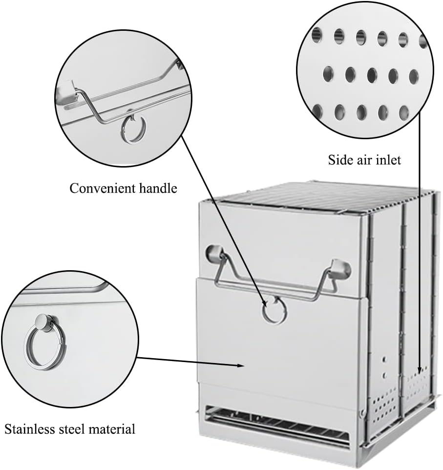 Camping Wood Burning Stove with Grill, Collapsible Backpacking Survival Rocket Stove Stainless Steel Campfire Stove