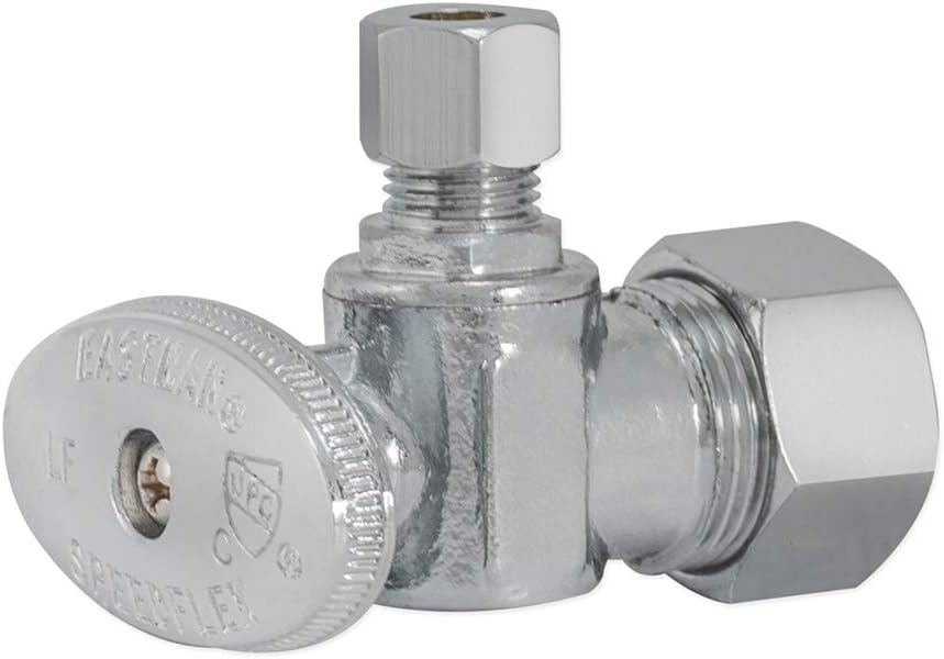 1/4 Inch OD x 5/8 Inch OD (1/2 Inch Nom.) Quarter Turn Angle Stop Valve, Brass Plumbing Fitting, Chrome, 10737LF