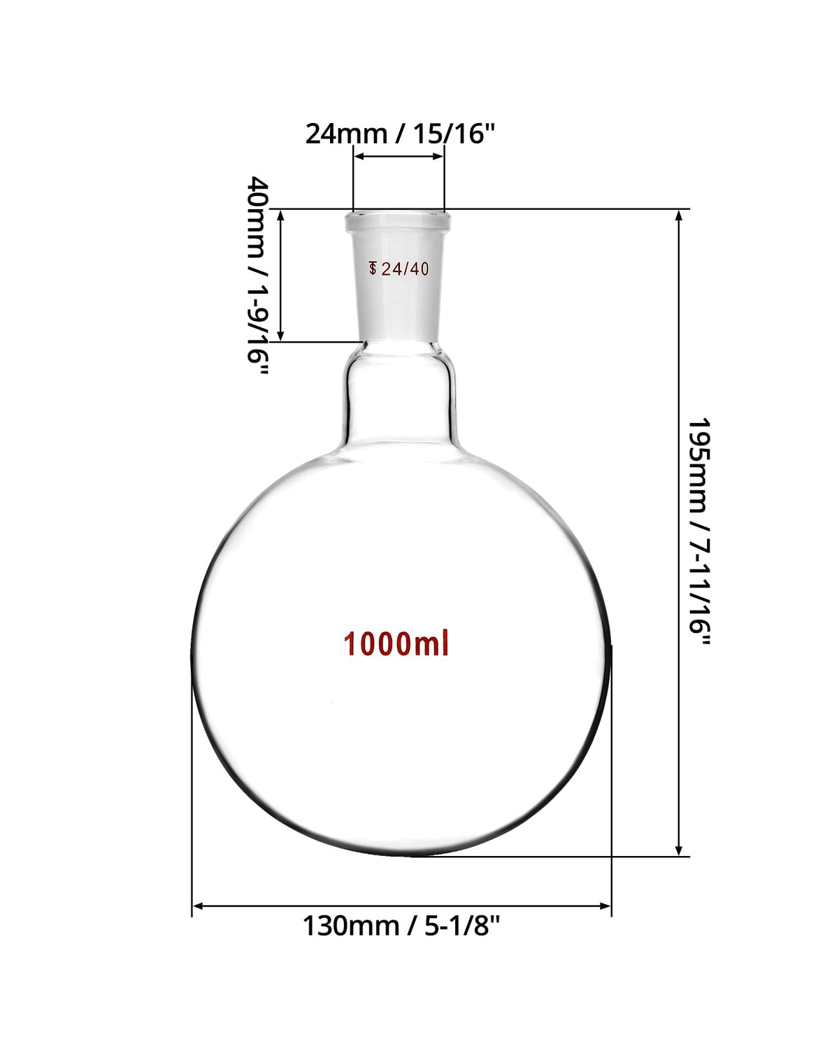 1000ml Borosilicate Glass Boiling Flask with 24/40 Standard Taper Outer Joint, Single Neck Round Bottom, 2 Pack