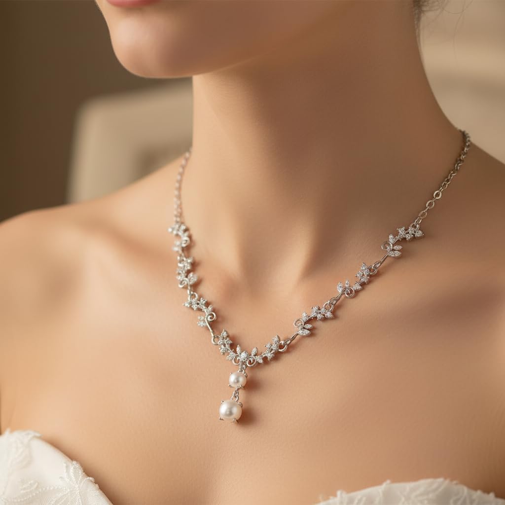 Silver Jewelry Sets for Women Rhinestone Necklace Dangle Earrings Bracelet Set Bridal Wedding Jewelry Sets for Brides