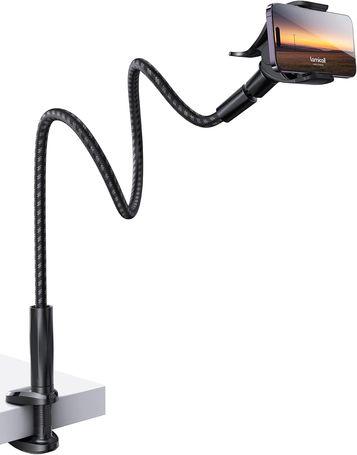 Gooseneck Phone Holder Bed - [Nylon Braided] Flexible Arm, 38inch Overall Length, 360 Adjustable Clamp Clip, Overhead