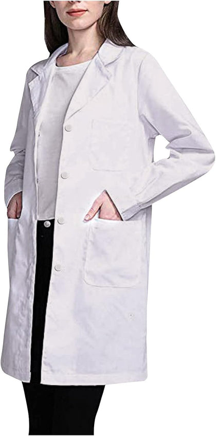 Women's Long Sleeve Lab Coat with Pockets Lightweight Button Front Professional Medical Work Jacket