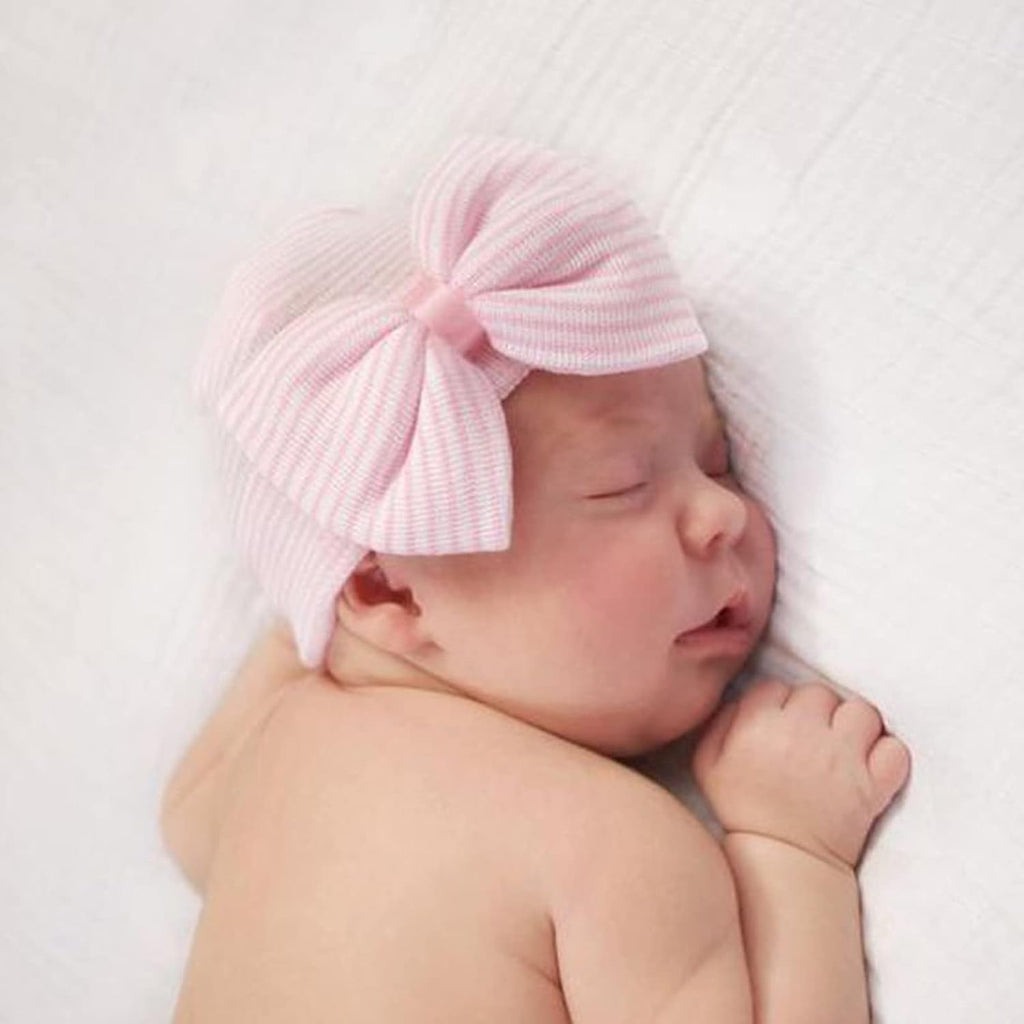 BQUBO Newborn Hospital Hat with Bow Cotton Infant Baby Cap Soft Cute Nursery Beanie Hat for Baby Girl Boy 0-3 Months