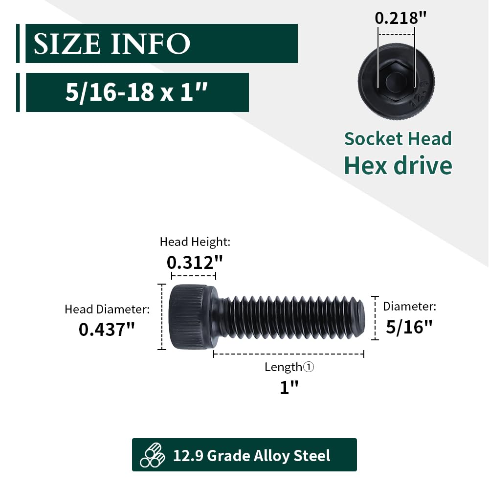 5/16-18 x 1" Socket Head Cap Screws Bolts, 12.9 Grade Alloy Steel, Black Oxide Finish, Allen Hex Drive, Full Thread, 10 PCS