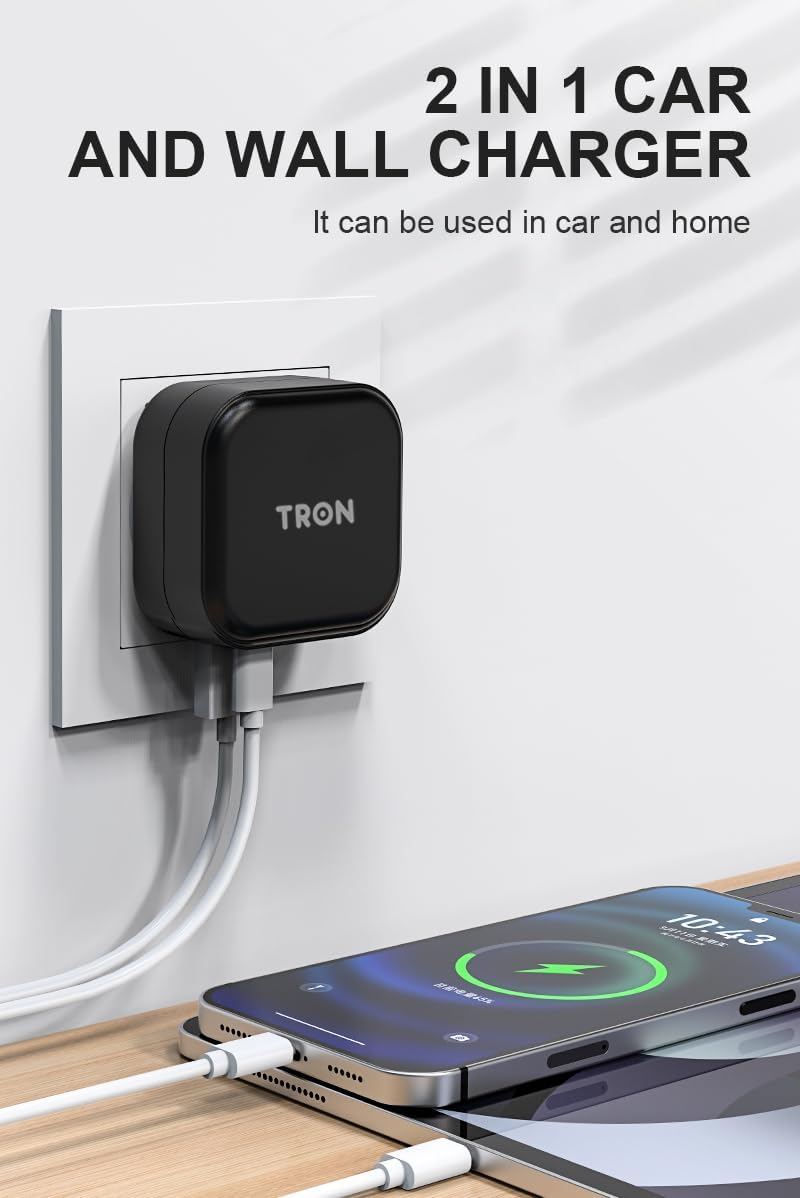 Wall & Car Charger Travel Charging Station, 36W Dual USB-C & USB-A Fast Charger, Foldable for iPhone, iPad, Android