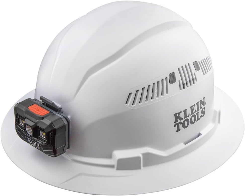 60407RL Hard Hat, Rechargeable Headlamp, Vented, Full Brim Style, Padded Self-Wicking Odor-Resistant Sweatband, White