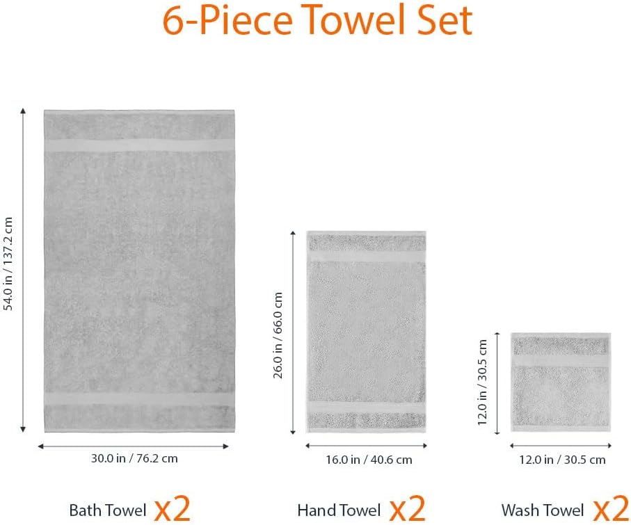 6-Piece Fade-Resistant 100% Cotton Towel Set for Bathroom, Soft and Absorbent, 2 Bath Towels, 2 Hand Towels, 2