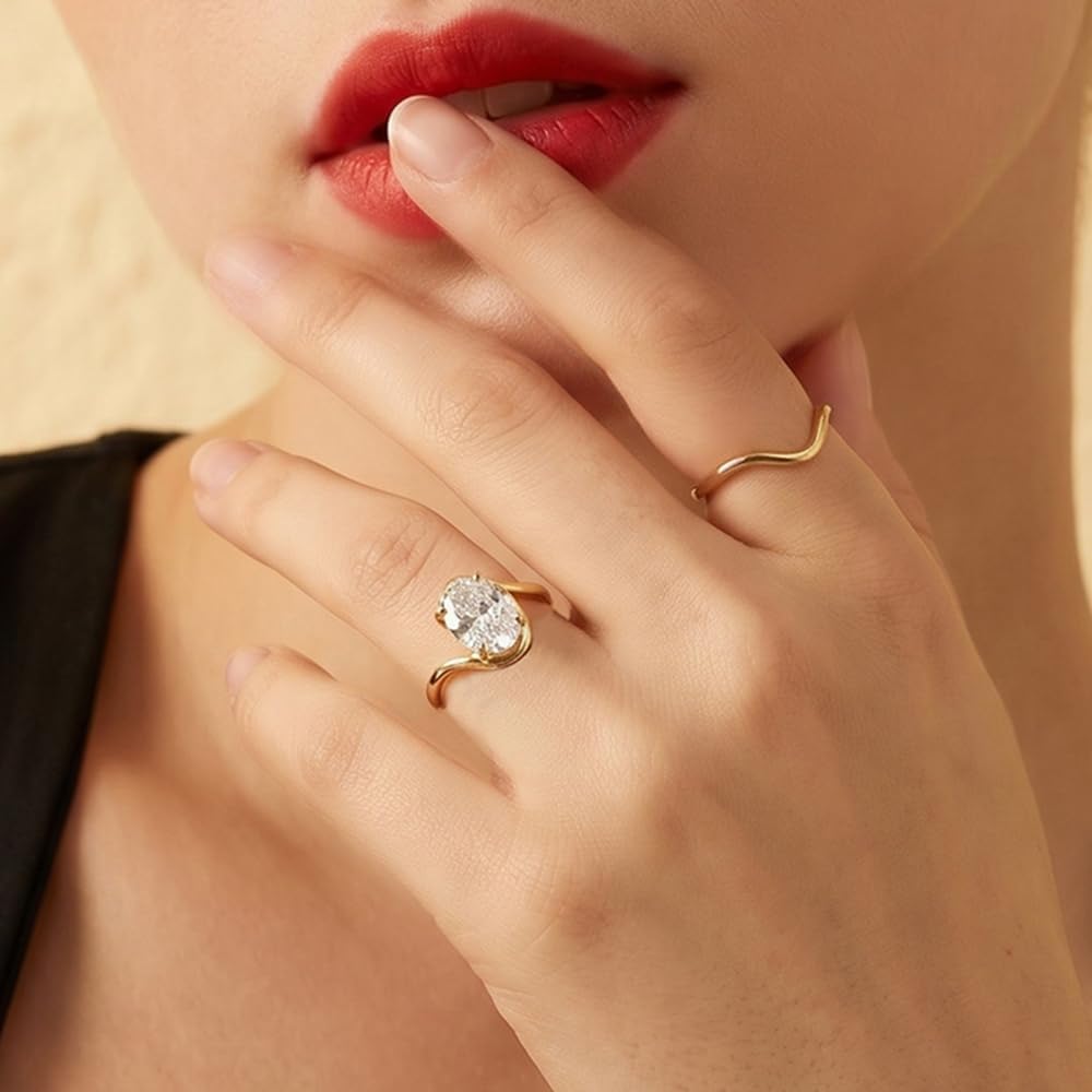14K Gold Plated Stackable Rings for Women, Non Tarnish Cubic Zirconia Wedding Bands, Dainty Engagement & Promise