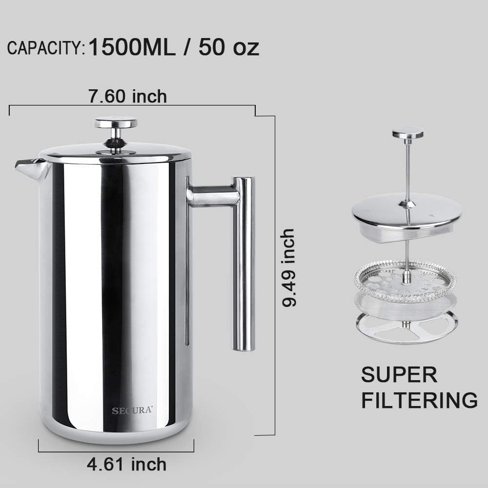 French Press Coffee Maker, 304 Grade Stainless Steel Insulated Coffee Press with 2 Extra Screens, 50oz (1.5 Litre)