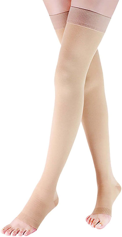 15-20 mmHg Compression Stockings for Women & Men, Thigh High Dot-Top Open Toe, Leg Support for Daily & Travel Comfort