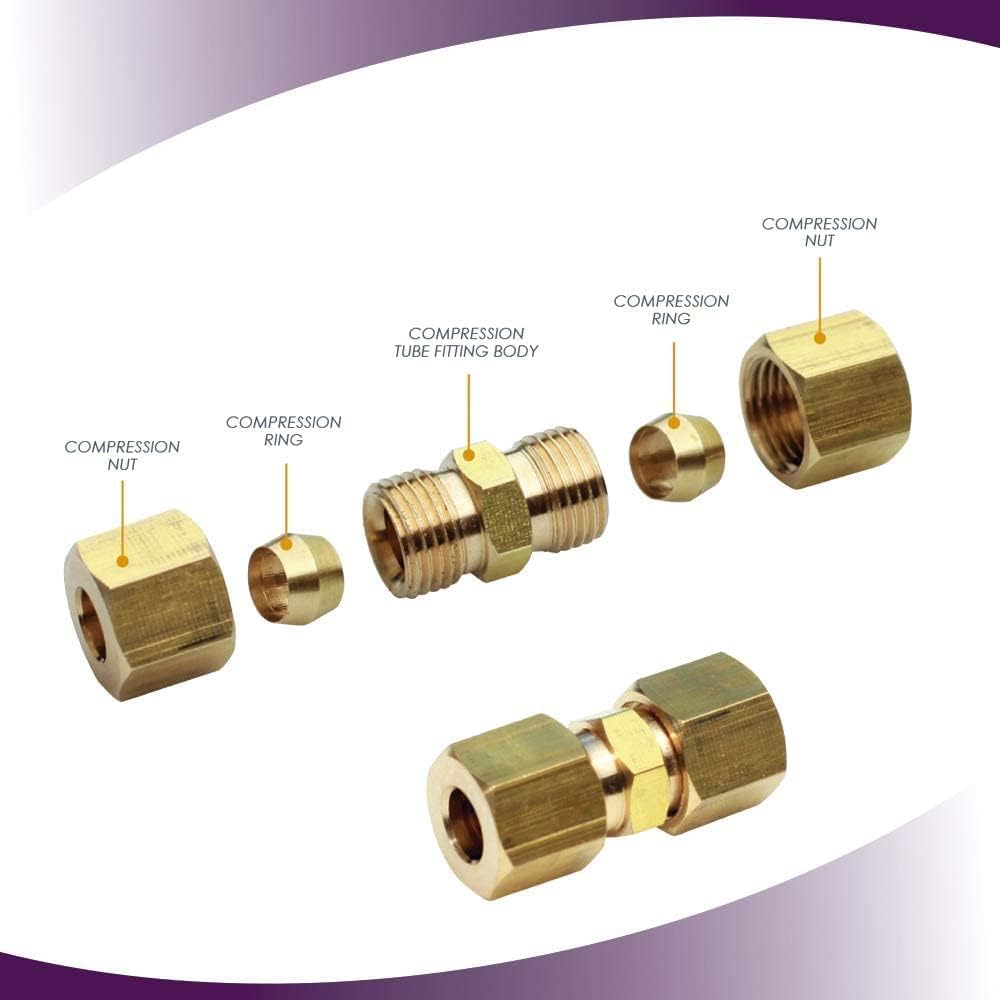 Ice Maker Water Line Brass Compression Tube Fitting, Union, 3/8” OD x 3/8” OD, 2 Pack