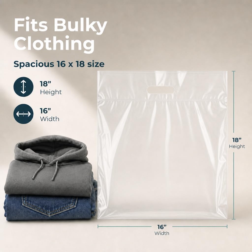 16x18 Large Plastic Shopping Bags for Small Business with Handles, Clear