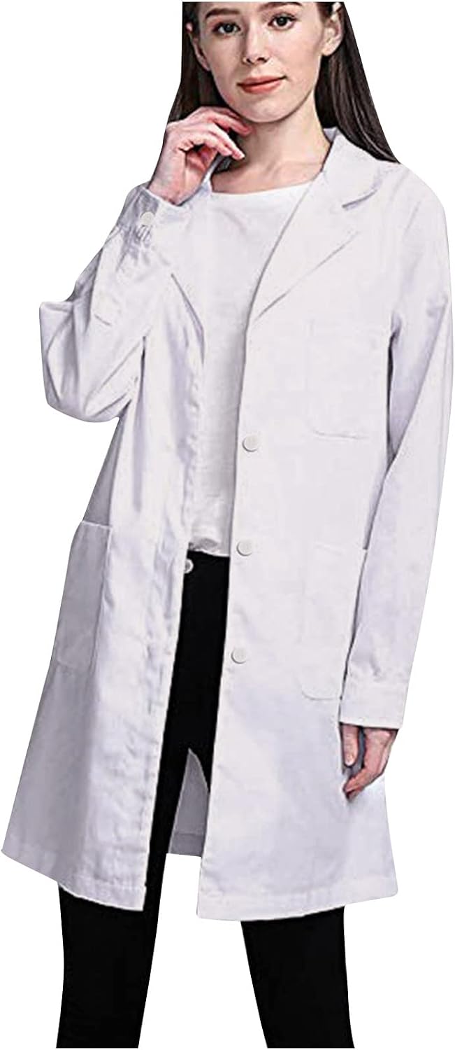 Women's Long Sleeve Lab Coat with Pockets Lightweight Button Front Professional Medical Work Jacket