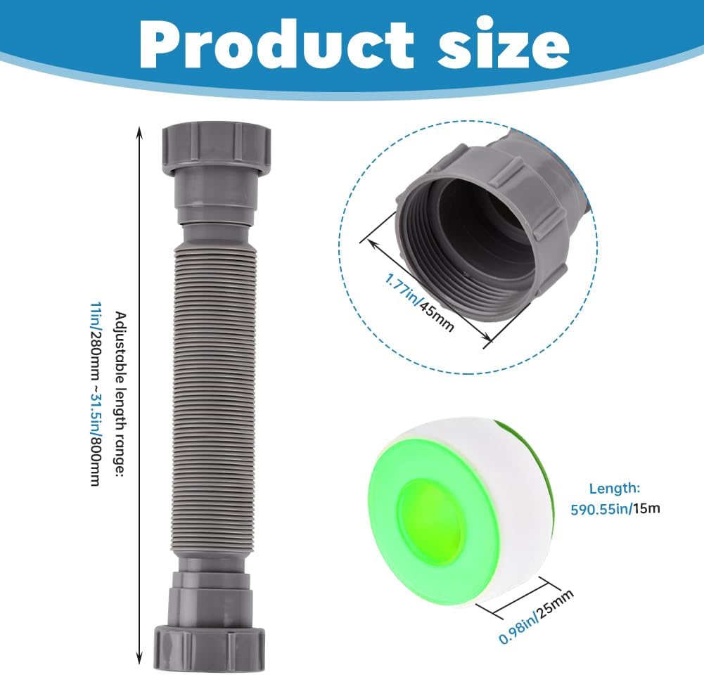 Double Sink Drain Kit, Flexible Sink Drain Pipe 1-1/2 inch Trap Fits Sin-k Bowl Dra-in Expandable All-In-One-Drain