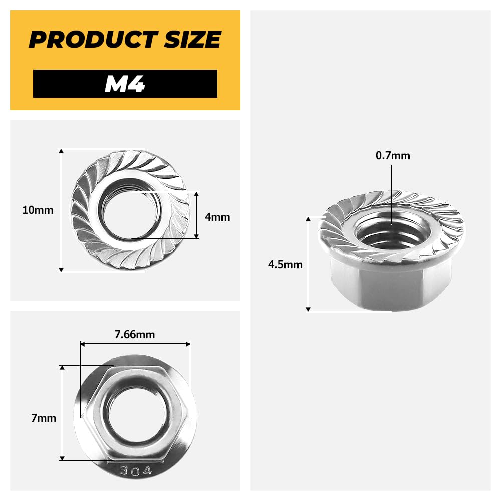 200pk M4-0.7 Flange Nuts, 304 Stainless Serrated Flange Lock Nuts