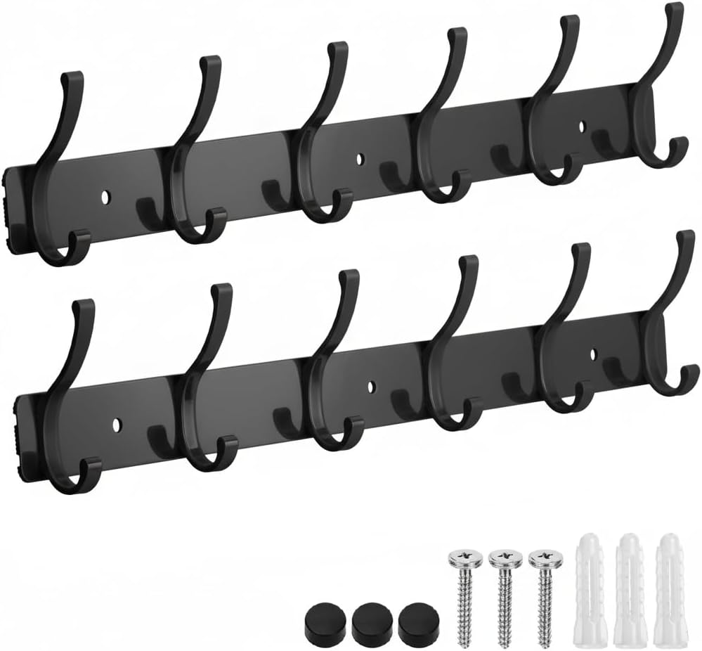 Coat Rack Wall Mount, 2 Pack Coat Hooks Hanger Wall Double Hook Rack Rail Towel Hat Rack Entryway Bathroom Hanger