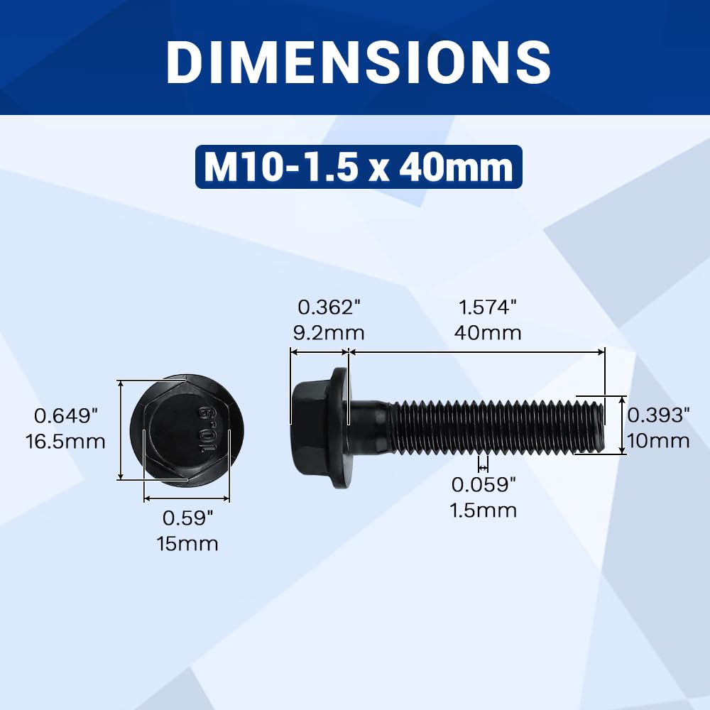 10 Sets M10 x 40mm Flange Hex Bolt + Nut + Flat & Lock Washer Black 10.9