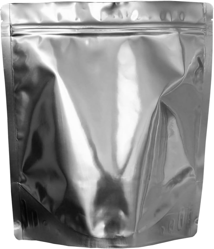 : 50 Pack - 7 Mil - One Gallon Seal-Top Stand Up Mylar Pouch Bags - 500cc Oxygen Absorbers - Resealable - Rounded