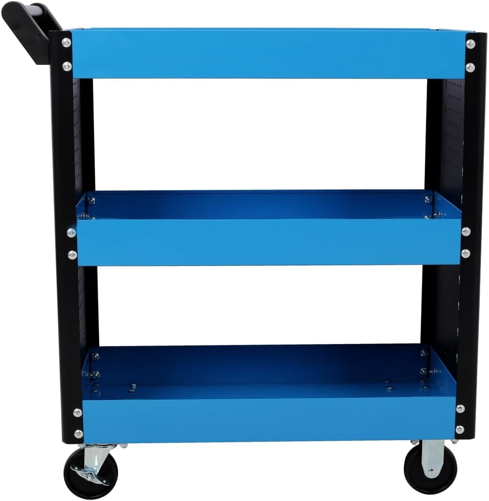 3 Tier Rolling Tool Cart on Wheels,Heavy Duty Utility Tool Cart with Pegboard for Repair Shop, Garage, Warehouse (Blue)