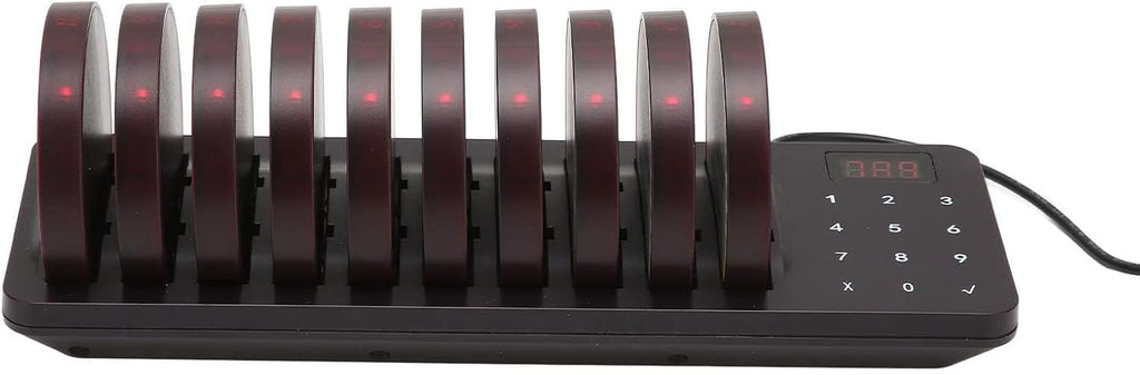Wireless Calling System with 1 Host and 10 Pagers, 300m Range, Disc Charging, Flashing, Buzzer, and Vibration